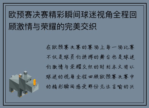 欧预赛决赛精彩瞬间球迷视角全程回顾激情与荣耀的完美交织
