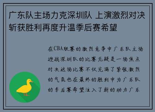 广东队主场力克深圳队 上演激烈对决斩获胜利再度升温季后赛希望
