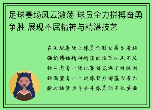 足球赛场风云激荡 球员全力拼搏奋勇争胜 展现不屈精神与精湛技艺
