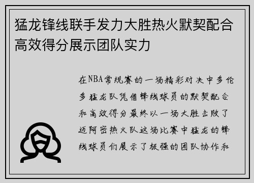 猛龙锋线联手发力大胜热火默契配合高效得分展示团队实力