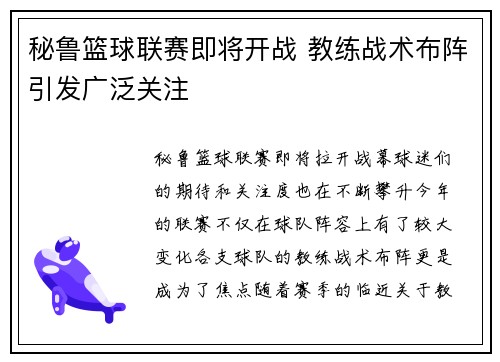 秘鲁篮球联赛即将开战 教练战术布阵引发广泛关注