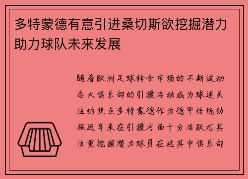 多特蒙德有意引进桑切斯欲挖掘潜力助力球队未来发展