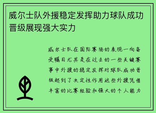 威尔士队外援稳定发挥助力球队成功晋级展现强大实力